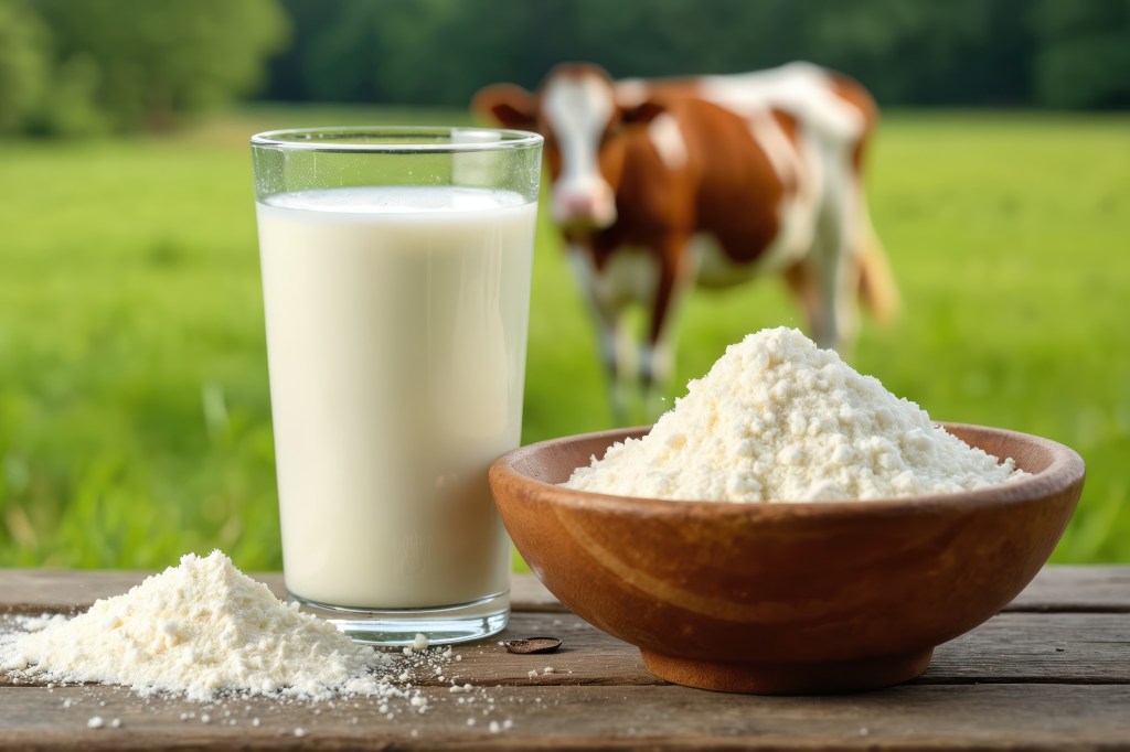 Glass of milk next to colostrum powder with a cow grazing in the background.