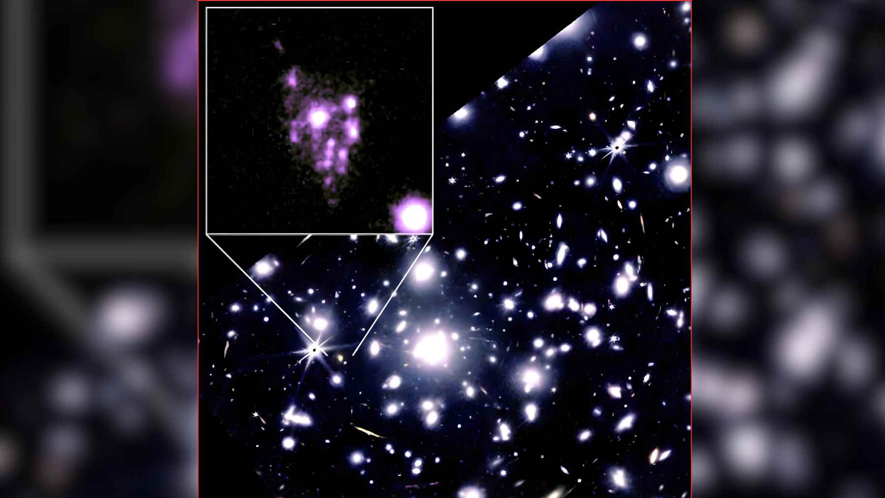 Inset highlights “Cosmic Grapes,” an early lensed galaxy whose light breaks into many compact, star-forming clumps.