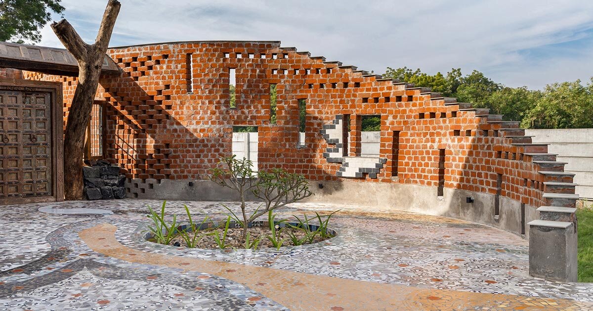 curved brick patterned walls frame farmhouse by manoj patel in india