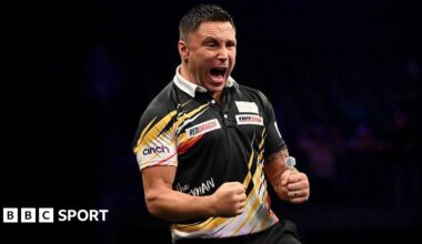 Gerwyn Price celebrates winning night two of the Premier League darts in Antwerp