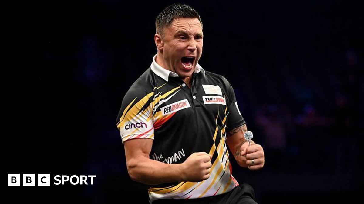 Gerwyn Price celebrates winning night two of the Premier League darts in Antwerp