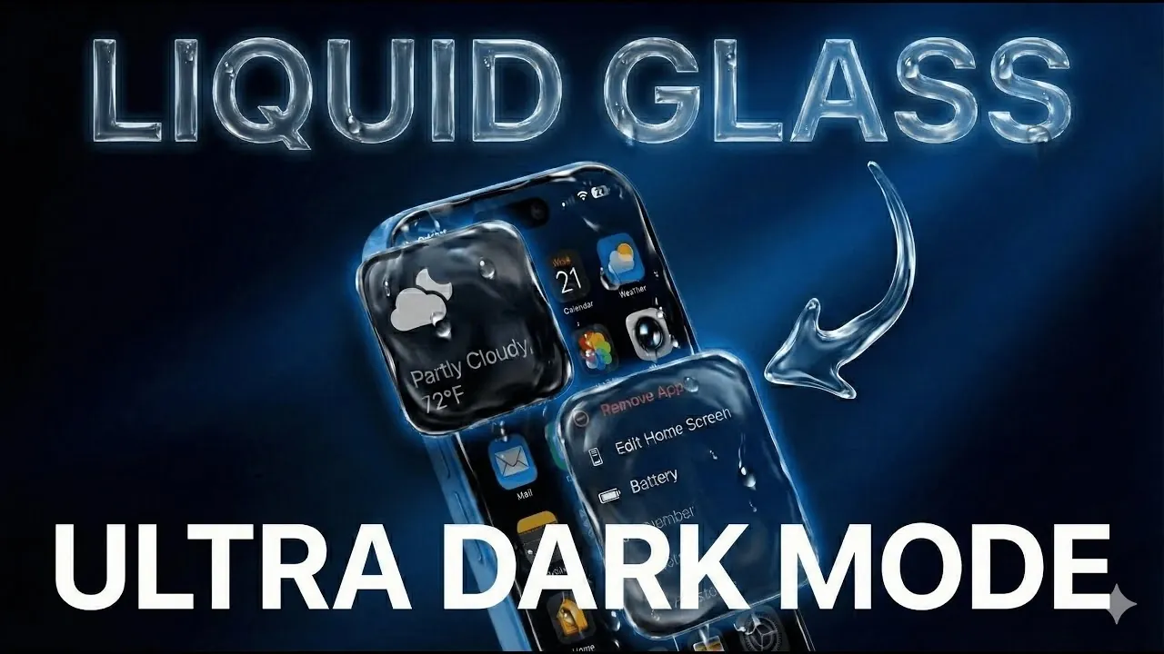 Display & Brightness menu on iOS 26.2 highlighting Liquid Glass and dark appearance options on an iPhone.