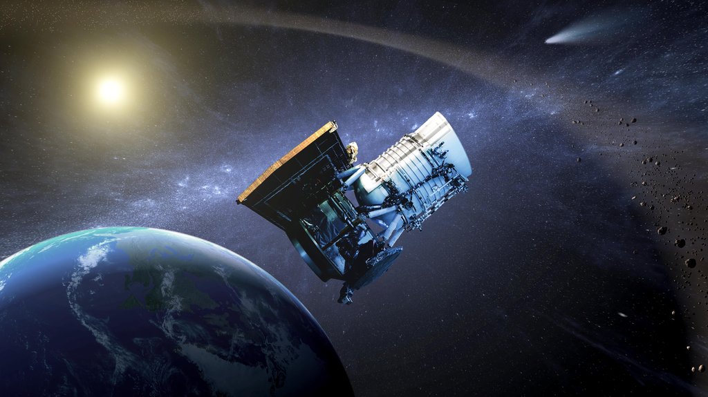 This illustration shows the Wide-field Infrared Survey Explorer (WISE) spacecraft in Earth orbit.