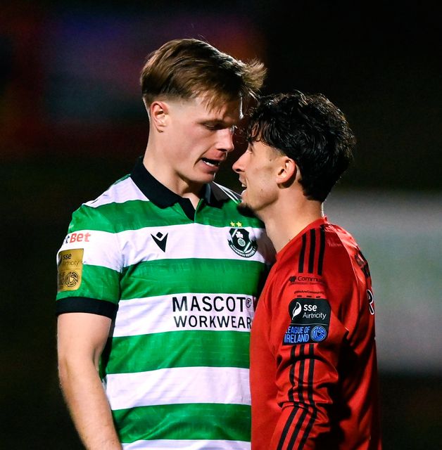 Connor Parsons of Bohemians (right) and Daniel Cleary of Shamrock Rovers have a difference of opinion at Dalymount Park. Photo: Sportsfile