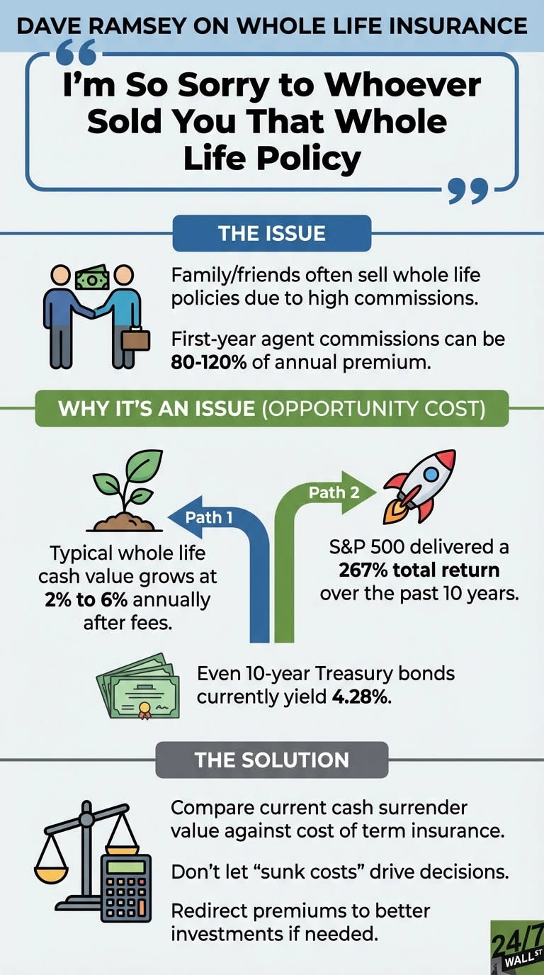 An infographic titled 'Dave Ramsey on Whole Life Insurance' featuring the quote 'I'm So Sorry to Whoever Sold You That Whole Life Policy'. It is structured into three sections: 'THE ISSUE', 'WHY IT'S AN ISSUE (OPPORTUNITY COST)', and 'THE SOLUTION'. The issue section describes high commissions (80-120% first-year) for whole life policies, often sold by family/friends. The opportunity cost section compares two paths: 'Path 1' shows typical whole life cash value growing at 2% to 6% annually (represented by a plant icon), while 'Path 2' highlights the S&P 500's 267% total return over the past 10 years (represented by a rocket icon). It also notes that 10-year Treasury bonds currently yield 4.28% (represented by money and a bond certificate). The solution section advises comparing current cash surrender value against the cost of term insurance, not letting 'sunk costs' drive decisions, and redirecting premiums to better investments if needed (represented by a scale and calculator icon). The infographic has a clean, graphic design with blue and green accents.