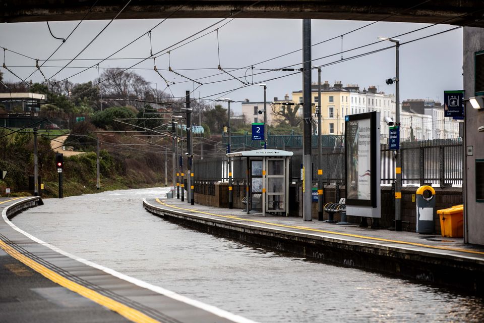 A view of Salthill and Monkstown Dart Station yesterday, which was completely flooded as high winds and a high tide affected the coastal rail line. Photo: Damien Storan