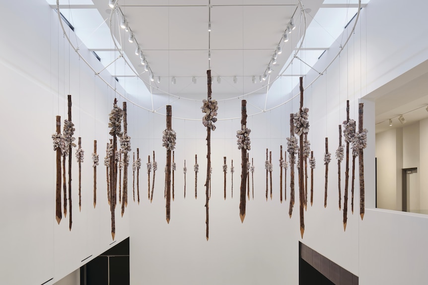 Dozens of wooden poles decorated with shells, hanging from the roof of an art gallery.