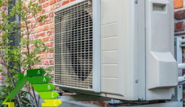 Air source heat pump installed on an exterior brick wall with energy efficiency rating graphic