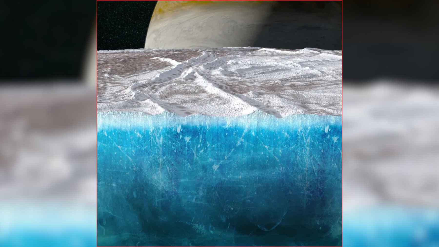 Cutaway illustration of Europa showing a thick icy crust above a deep subsurface ocean, with Jupiter in the background.
