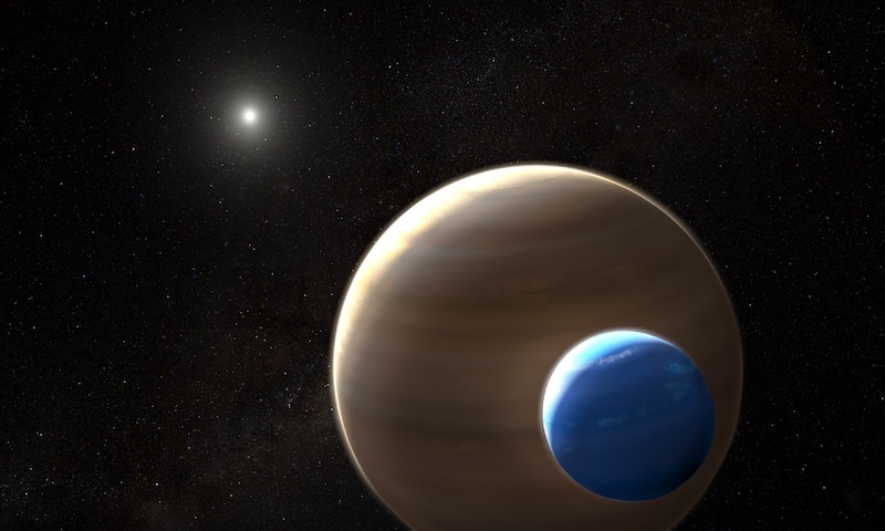 Massive exomoon: Large brownish planet with banded atmosphere and a smaller bluish moon, with their sun in the distance.