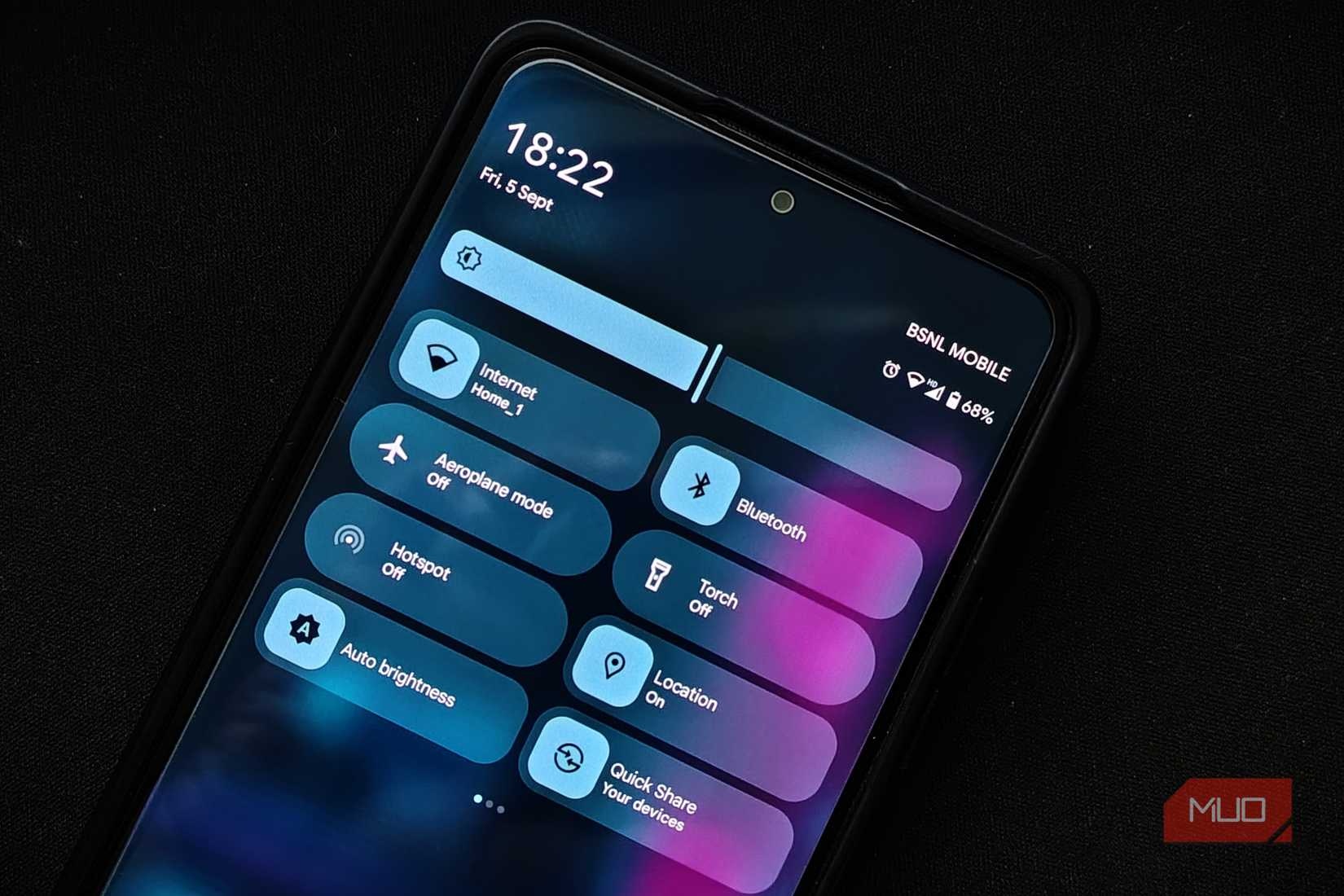 Expanded Quick settings panel on Android 16 with multiple Quick settings tiles visible.