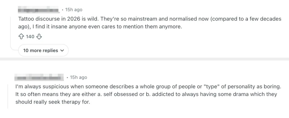 Reddit comments expressing disagreement with Will's opinion on tattoos