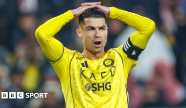 Cristiano Ronaldo of Al-Nassr with his hands on his head during the Saudi Pro League game against Al Taawoun