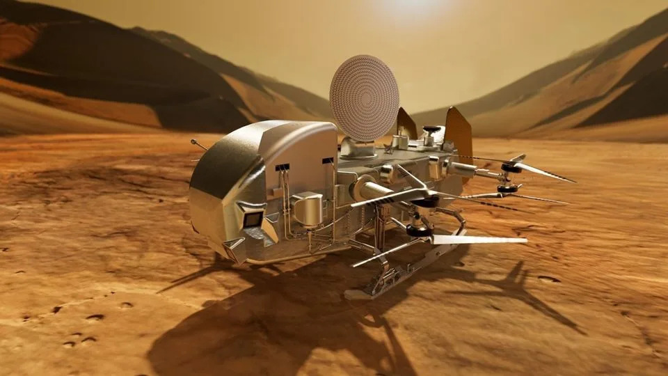 Dragonfly, seen here in an artist's concept, is set to be able to land on Titan's surface. - NASA/Johns Hopkins APL