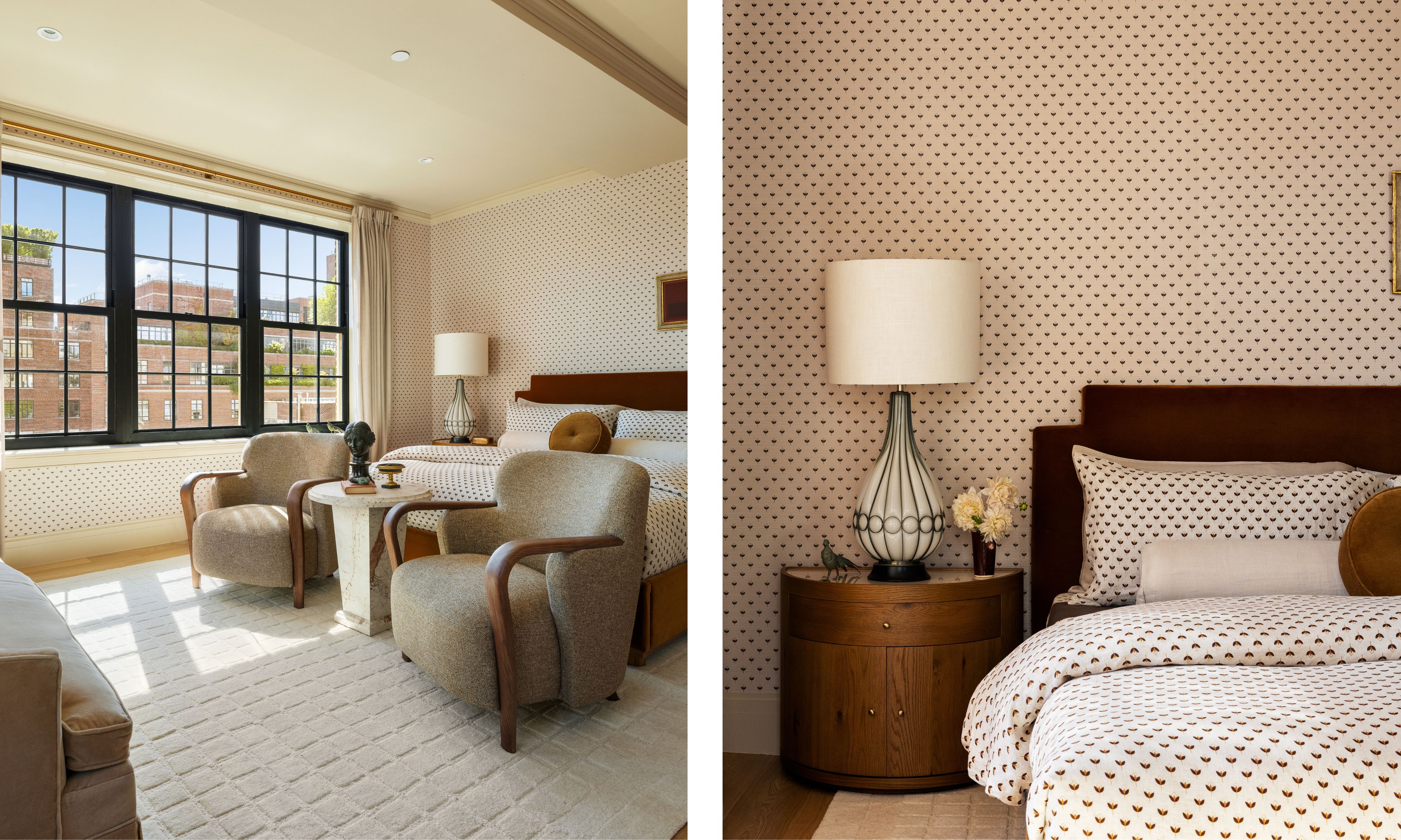 two shots next to each other of the same large bedroom with patterned wallpaper behind the bed and a large cream rug on the floor