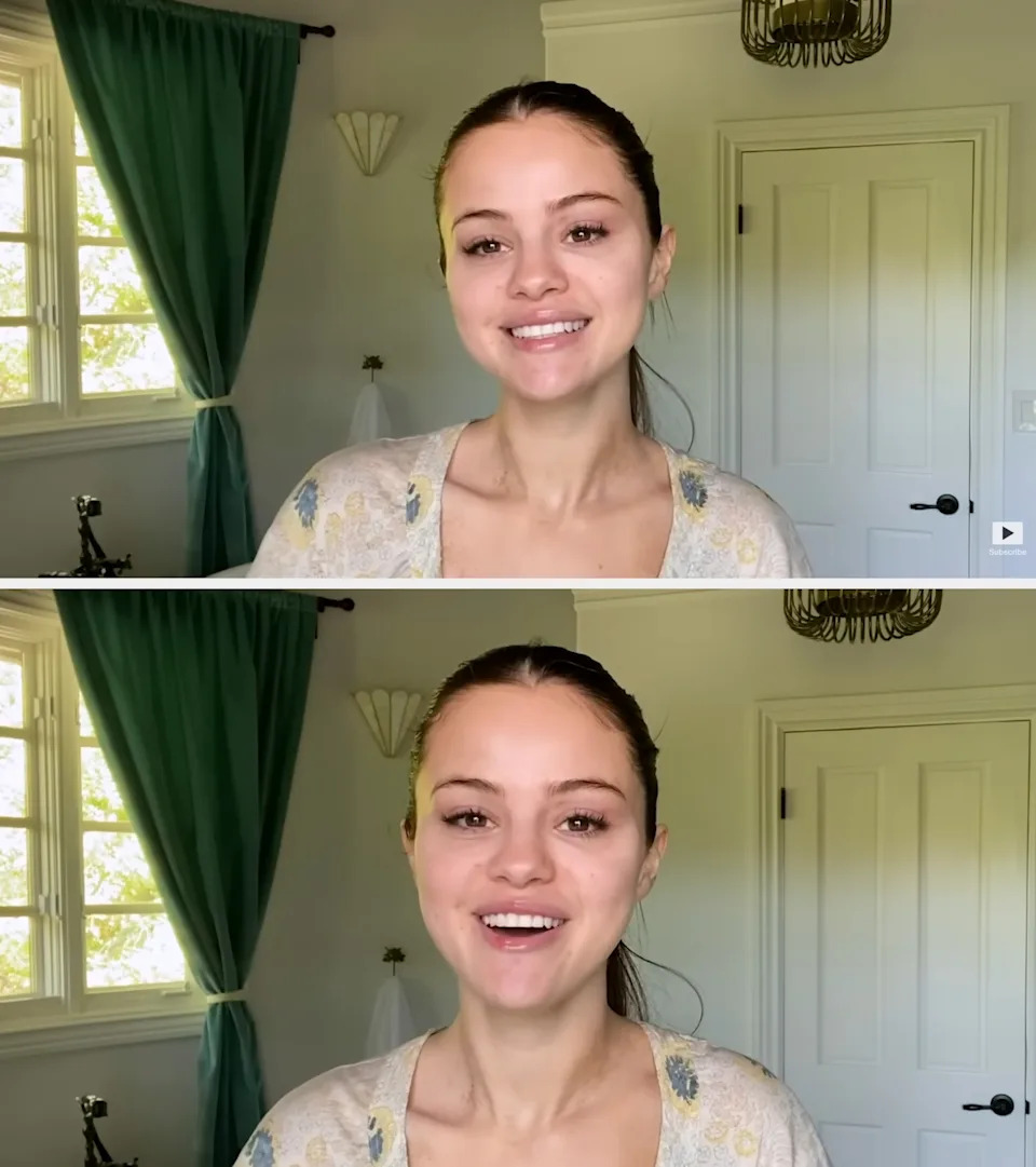 Selena smiling, makeup-free