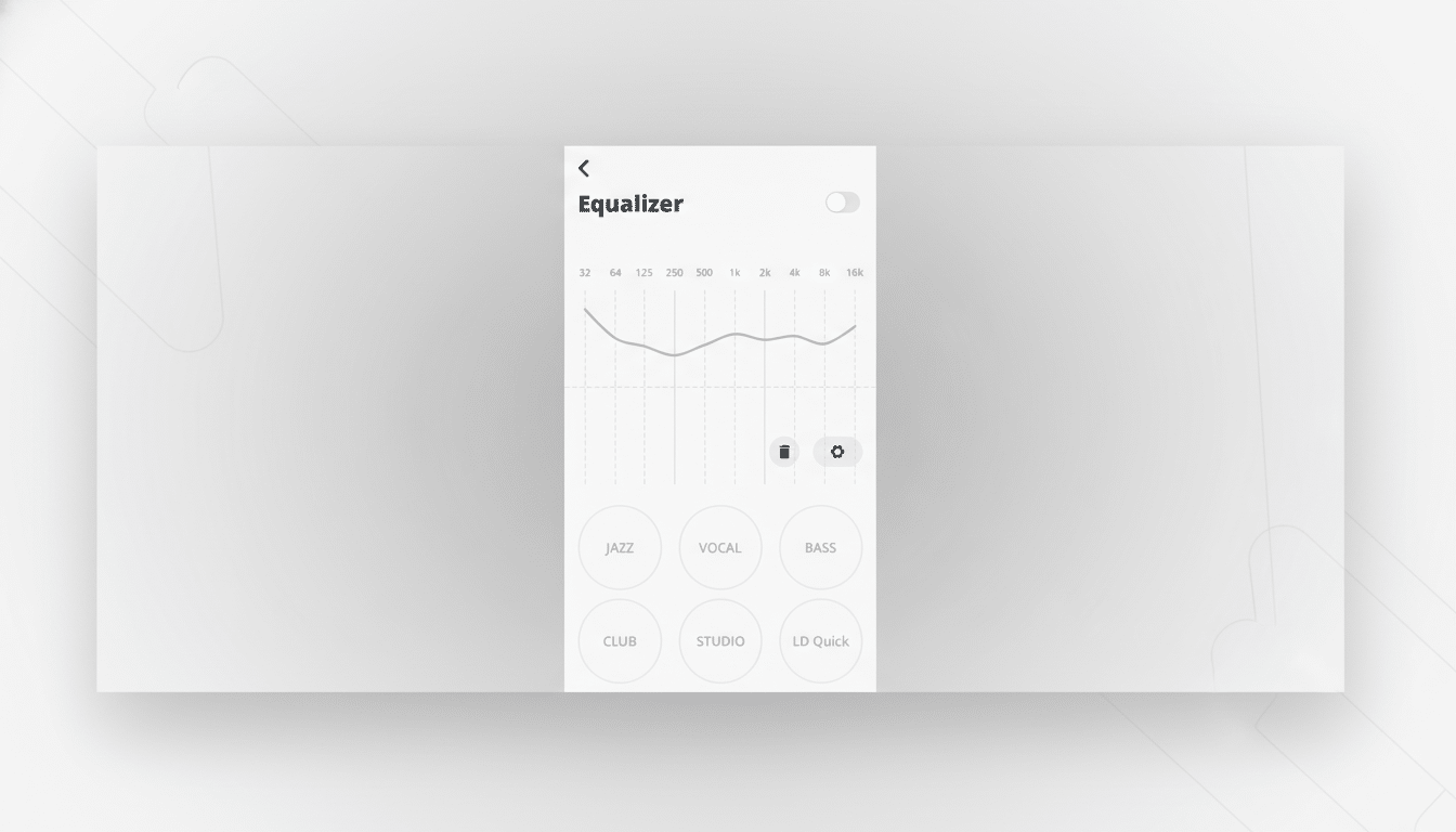 A professional, enhanced image of a mobile apps equalizer screen, set against a clean, light gray background with subtle patterns. The app interface is white with dark gray text and icons, displaying frequency controls and sound presets like JAZZ, VOCAL, and BASS.