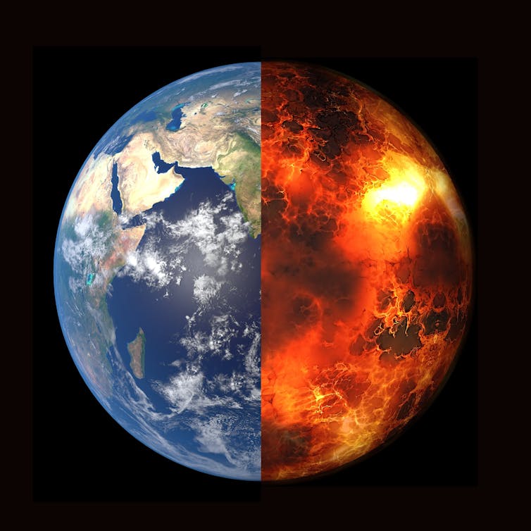 earth, left side blue green, right side burning red