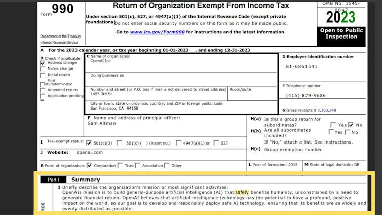This is the top of the front page of the 2023 990 form for OpenAI, with its mission stated at the bottom of the screenshot.