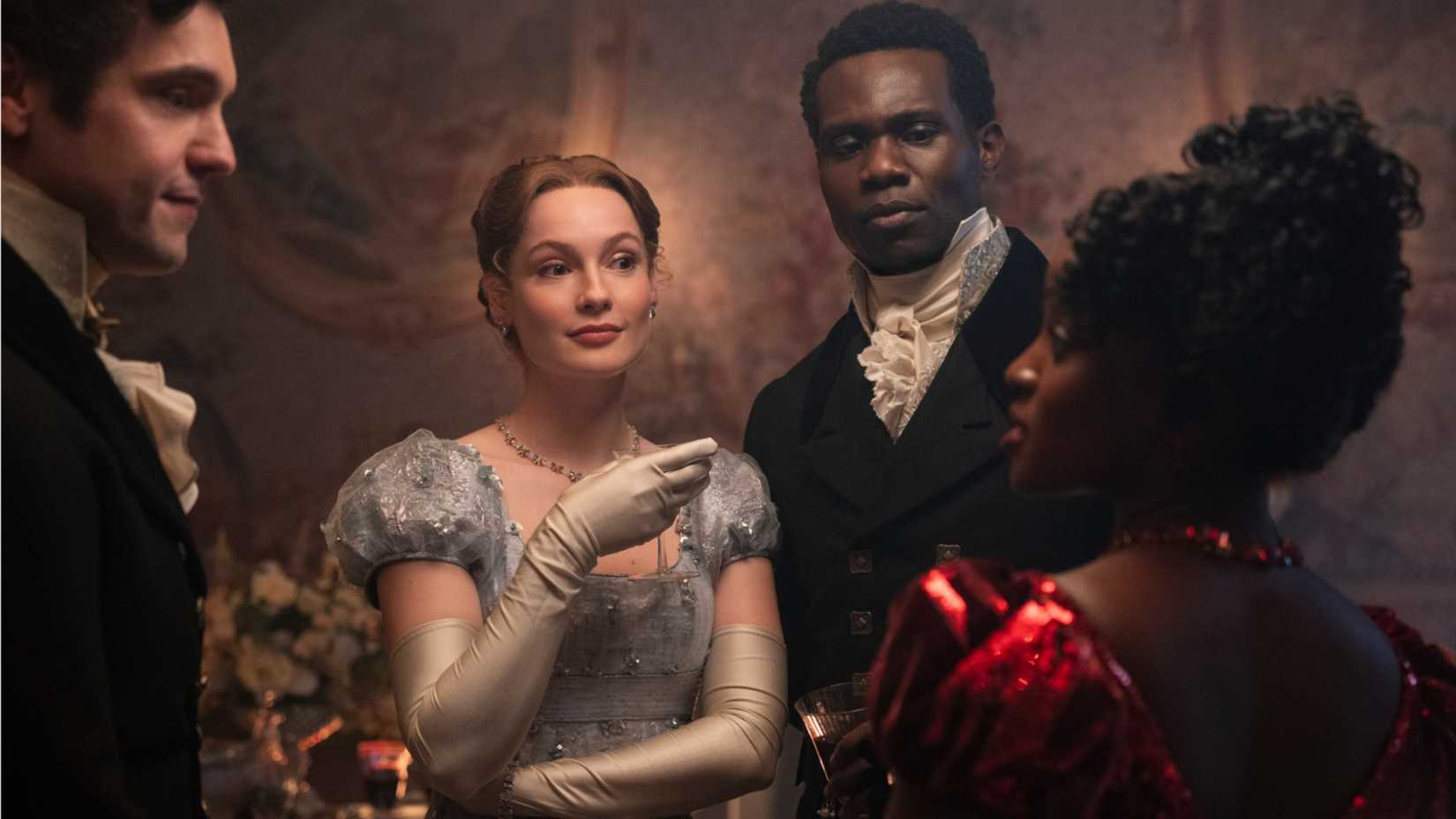 Francesca and John with Michaela and a gentleman in Bridgerton season 4 Cr. Liam Daniel/Netflix © 2025