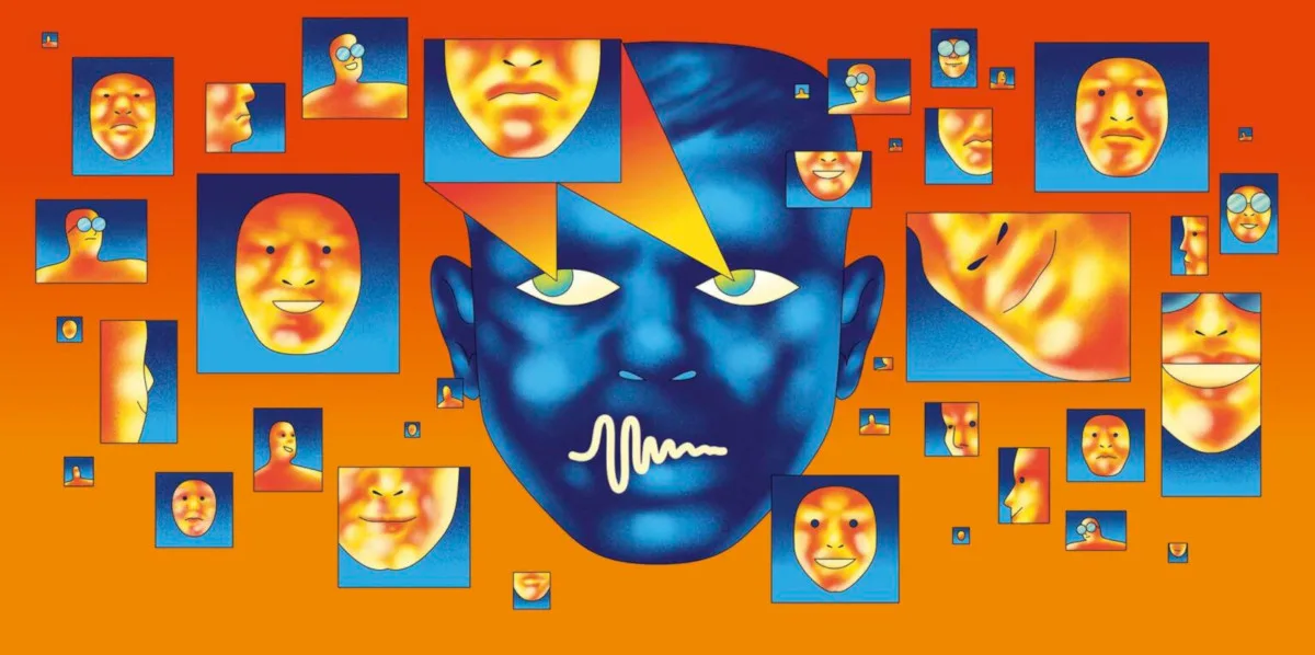 Illustration of a face talking. In its eyes you can see it is looking at the facial expressions of everyone else