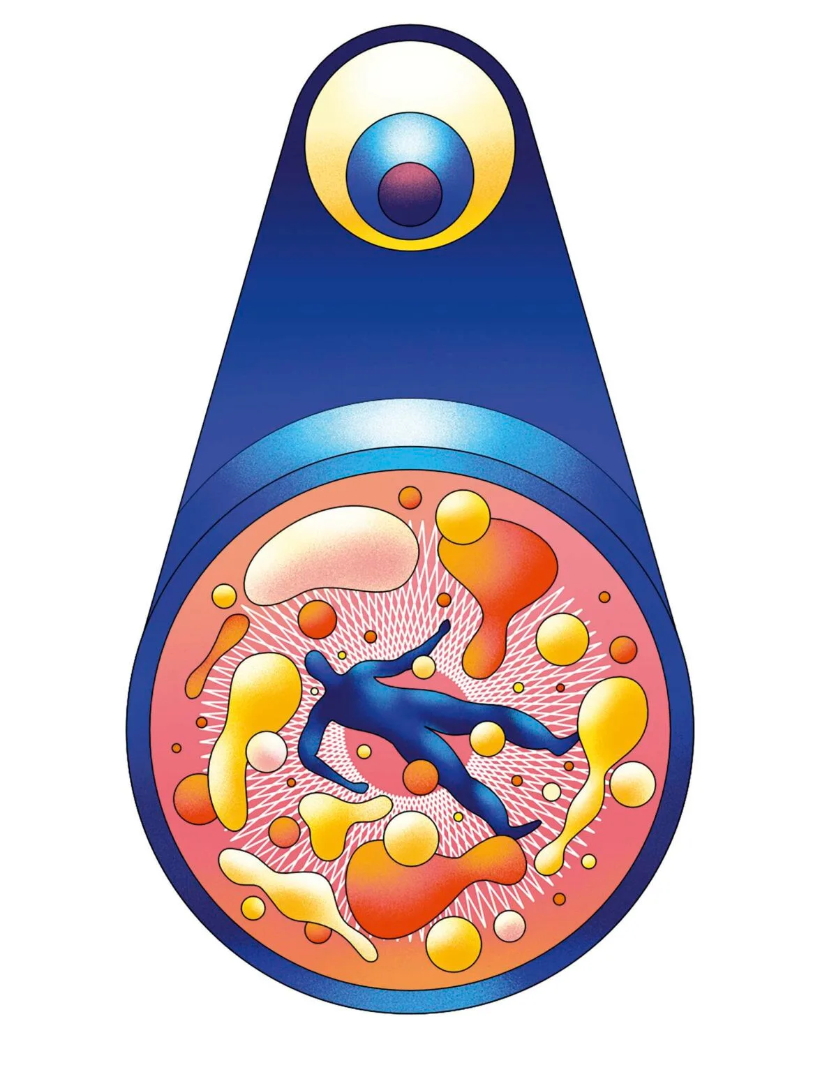 Illustration of an eye looking down at a person floating in orange, pink and yellow goop