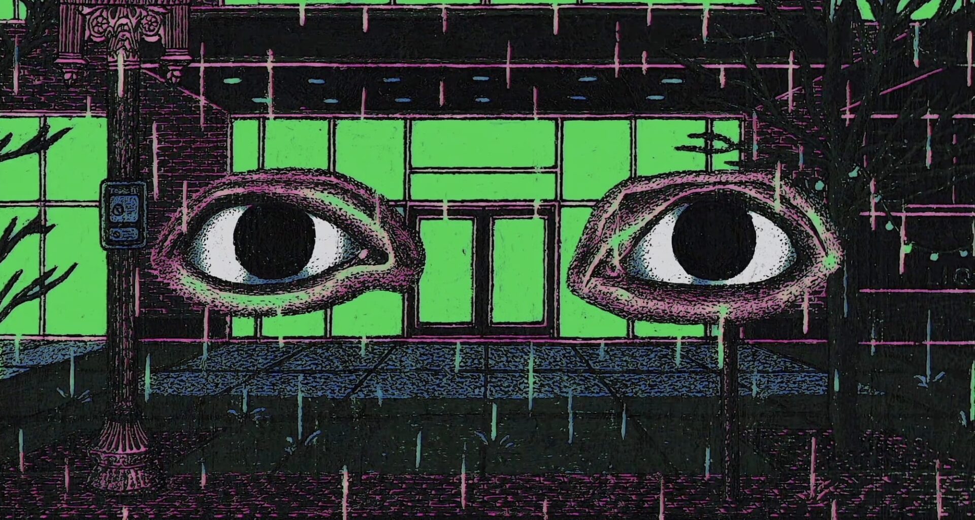 A still from a one-minute animation by Jake Fried of two eyes against a green-and-black background