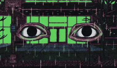 A still from a one-minute animation by Jake Fried of two eyes against a green-and-black background