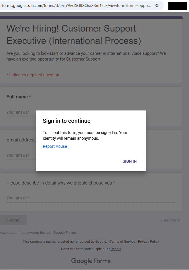 Fake Google Forms site