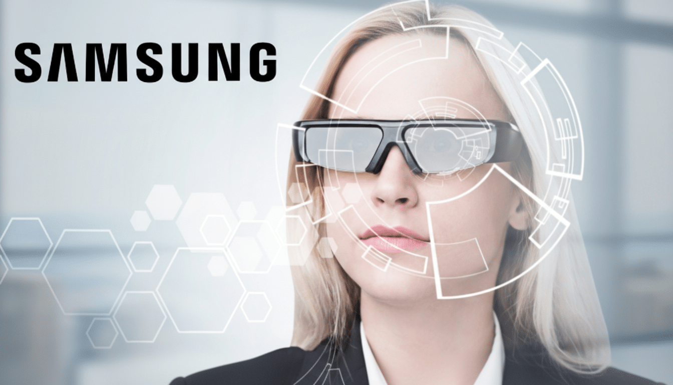 A woman wearing smart glasses with the Samsung logo in the upper left corner, resized to a 16:9 aspect ratio.