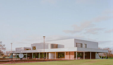 geometric supports guide movement at belgian school extension by LT2A and open architectes