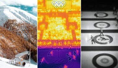 Three images side by side: a skier performing a flip on a snowy mountain, a thermal view of an Olympic hockey game, and an overhead view of people playing curling on an ice rink.