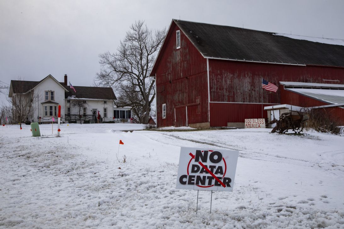 A sign on a rural Michigan road opposes a planned $7 billion data center on southeast Michigan farmland in December.