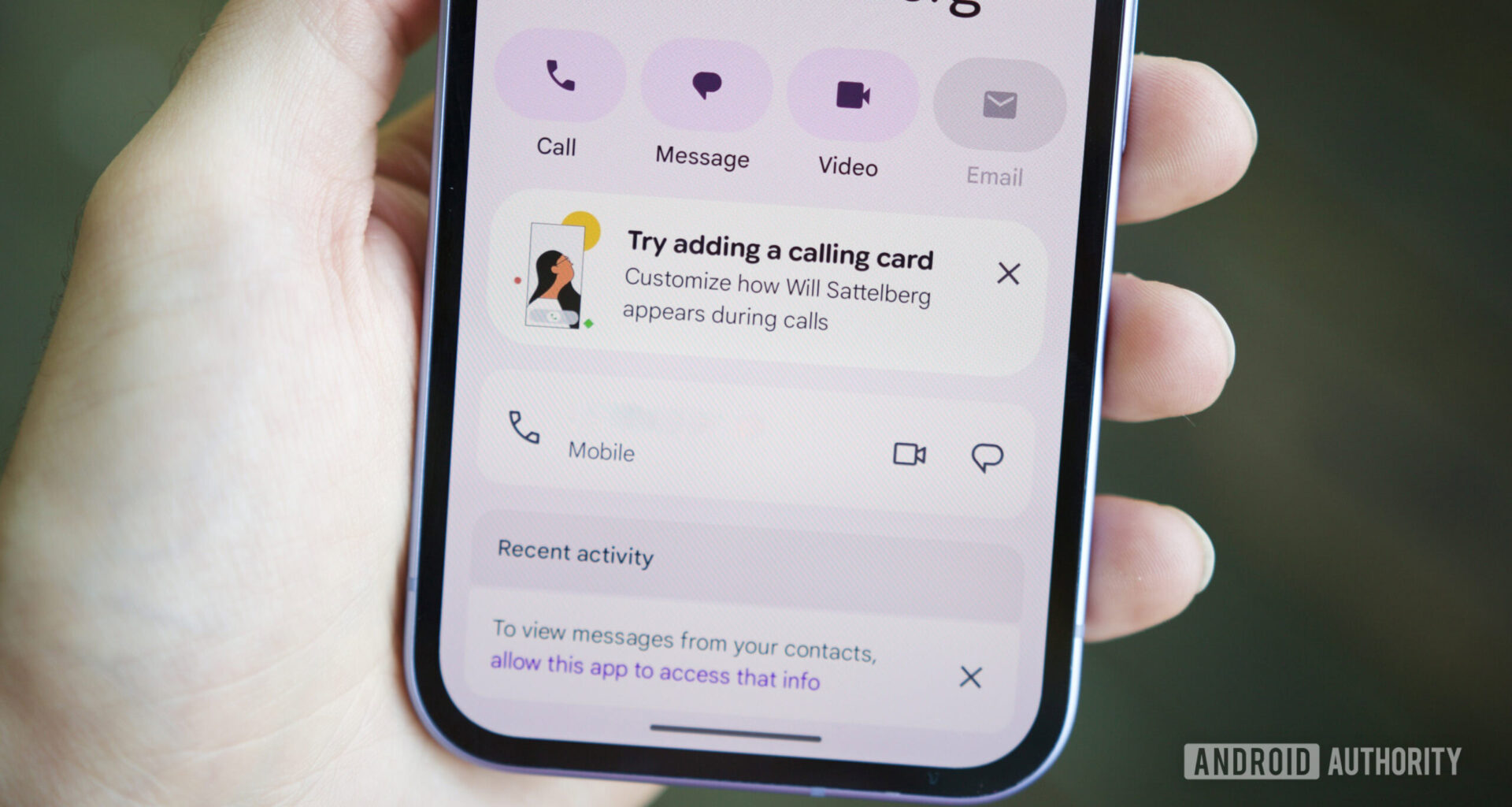 Calling Card prompt in the Google Contacts app.