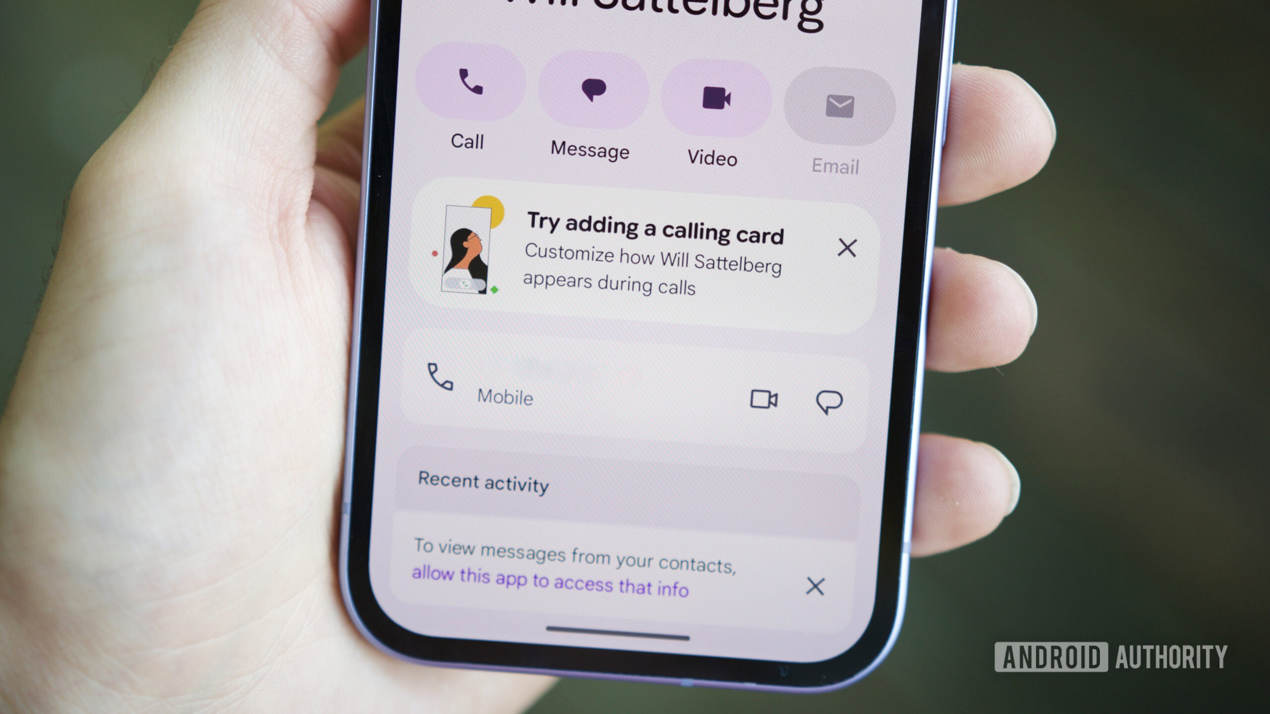 google calling cards hero 6 Calling Card prompt in the Google Contacts app.
