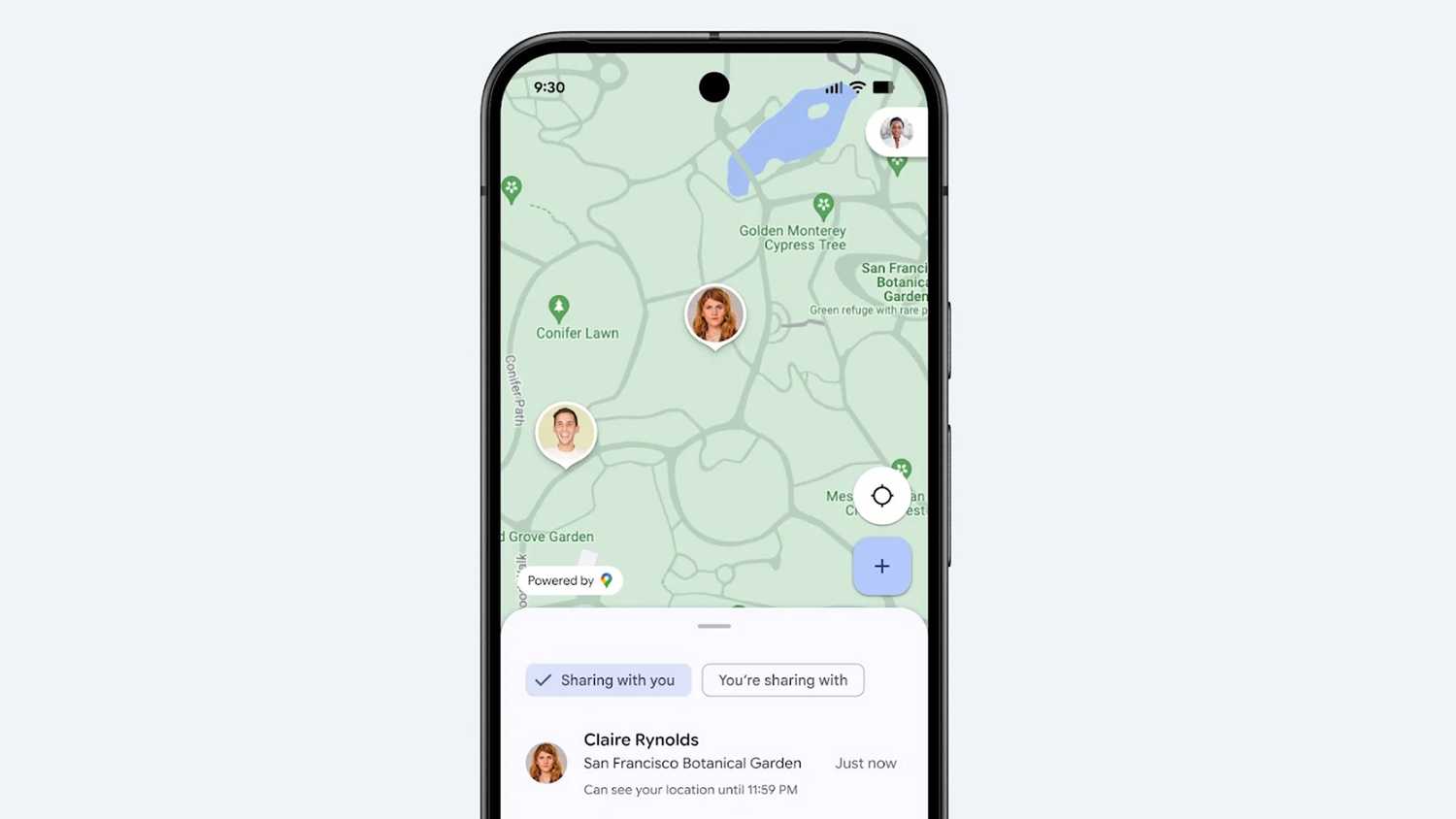 Google Find Hub live location sharing.