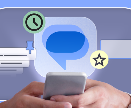 Google Messages icon in the center, surrounded by symbols for pinned chats, starred messages, and scheduled send, with a person holding a smartphone at the bottom.