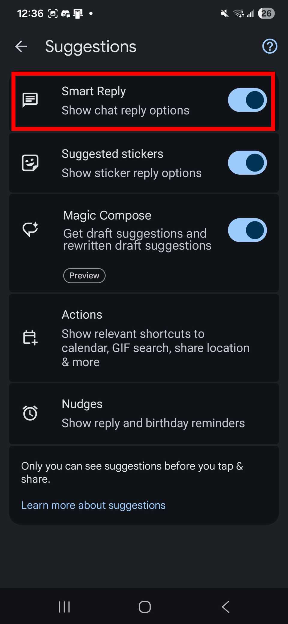 Red rectangle outline highlighting Smart reply toggle in Suggestions on Google Messages