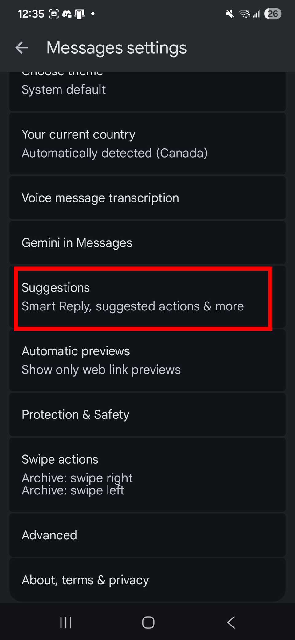 Red rectangle outline highlighting Suggestions in Google Messages settings