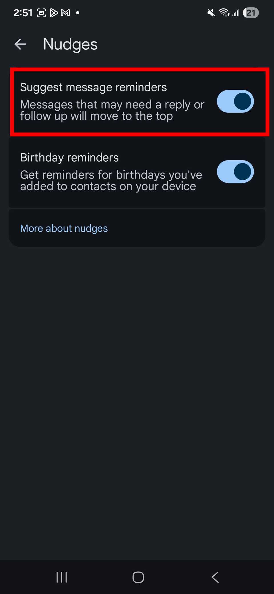 Red rectangle outline highlighting Suggest message reminders toggle