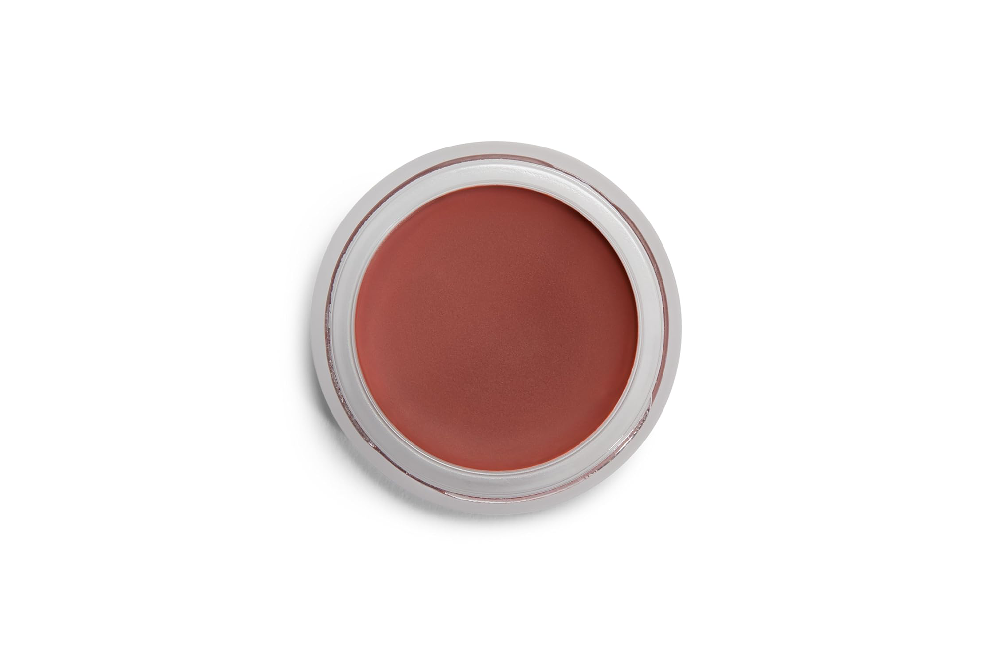 Open jar of red-brown cream blush or lip color.