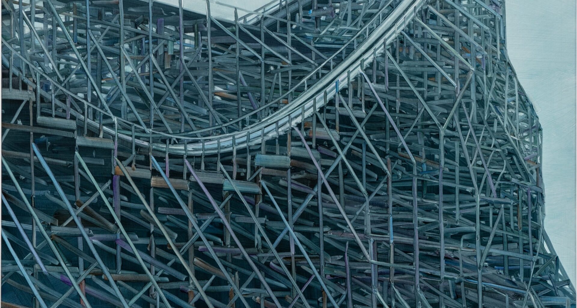 An oil painting by Alex Hutton of a detail of a blue-gray rollercoaster