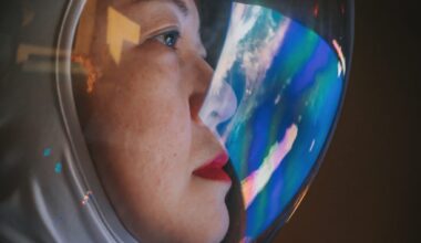 Asian chinese mid adult female astronaut looking at earth through window from spaceship at outer space