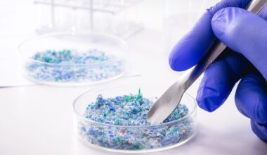 hand of traces of plastic and microplastic in petri dish, analyzed in laboratory, study of environmental problem