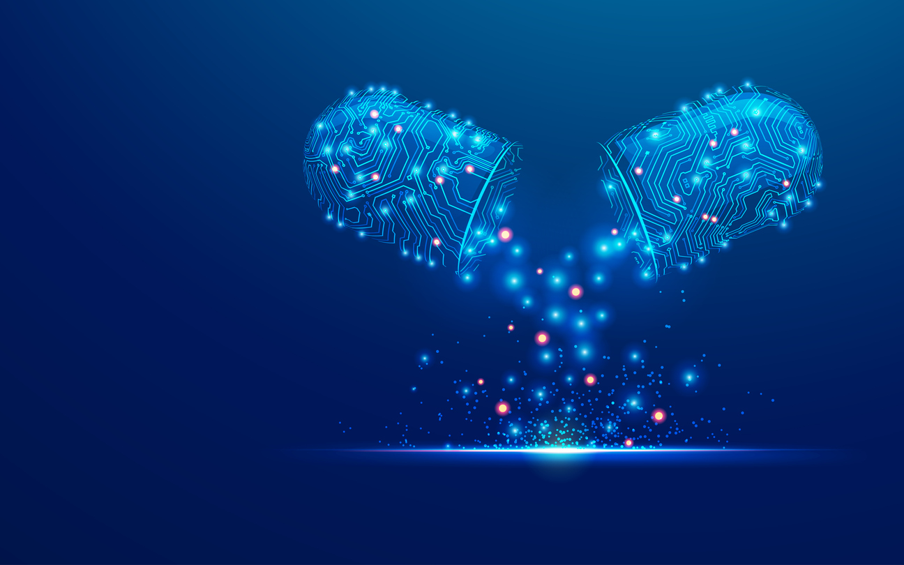 concept of bioengineering or healthcare technology, graphic of 3D pill combined with electronic pattern