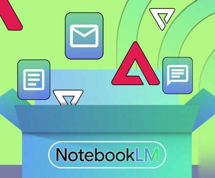 Illustration of a blue box labeled NotebookLM with icons representing emails, notes, and chats floating out