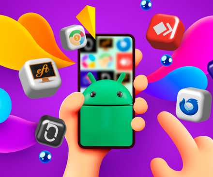 Illustration of a hand holding a phone with the Android mascot on the screen and several app icons around it.