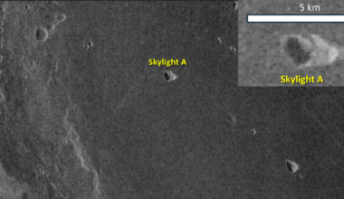 Magellan radar image of Venus displaying several pit chains and the identified skylight, marked as A, potentially providing access to the subsurface (i.e., empty void); the white arrow indicates the radar illumination direction. Image credit: NASA / Carrer et al., doi: 10.1038/s41467-026-68643-6.