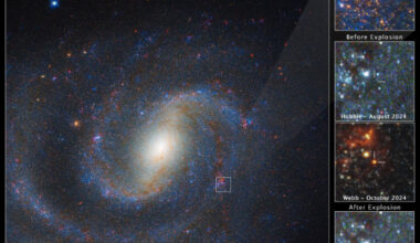 The main image at left shows a combined Webb and Hubble view of the spiral galaxy NGC 1637, with the region of interest in the top right; the remaining three panels show a detailed view of a red supergiant star before and after it exploded; the star is not visible in the Hubble image before the SN 2025pht explosion, but appears in the Webb image; the July 2025 view from Hubble shows the glowing aftermath of the explosion. Image credit: NASA / ESA / CSA / STScI / C. Kilpatrick, Northwestern / A. Suresh, Northwestern / J. DePasquale, STScI.