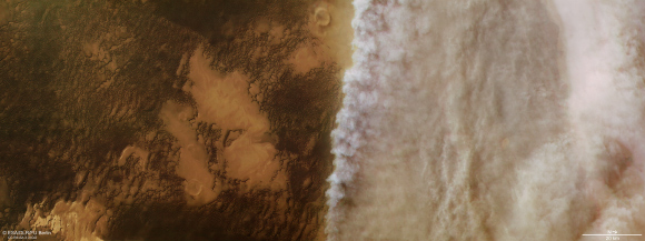 This close-up color image of a small-scale dust storm on Mars was acquired by the HRSC instrument on ESA’s Mars Express in April 2018. Image credit: ESA / DLR / FU Berlin / CC BY-SA 3.0 IGO.